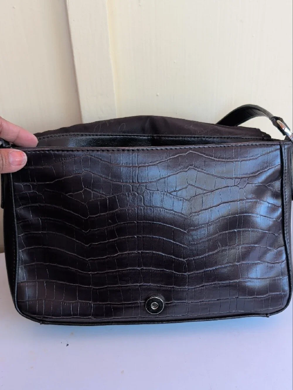 Croc-Embossed Leather Shoulder Bag in Dark Brown